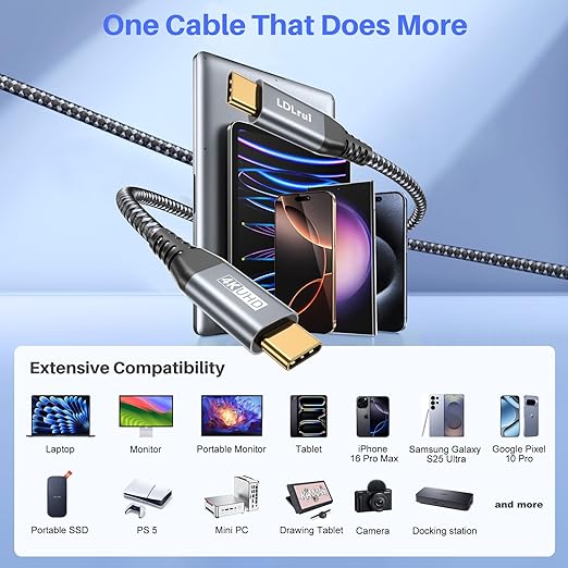 LDLrui 10FT Right Angle USB C Cable 100W PD 20Gbps Data 4K Video | Large Workspaces Commercial Displays Long Distance Routing Flexible Installation Full-Featured USB-C