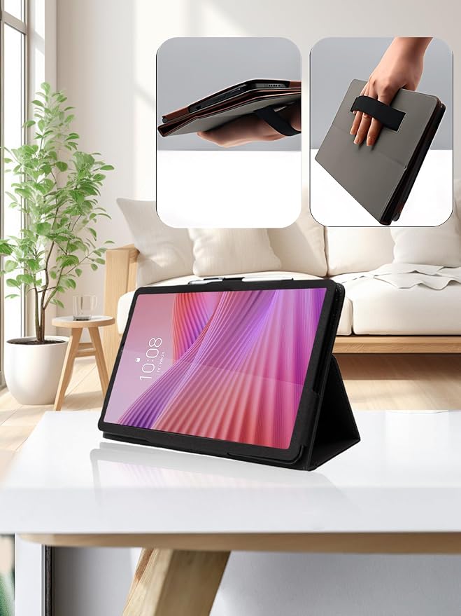 for Lenovo Tab One 8.7 Inch Android Tablet CaseBOVUGAC Folding Stand Protective Cover with Pencil Holder and Wrist StrapFull Protection Premium PUScratch Resistant(Black)