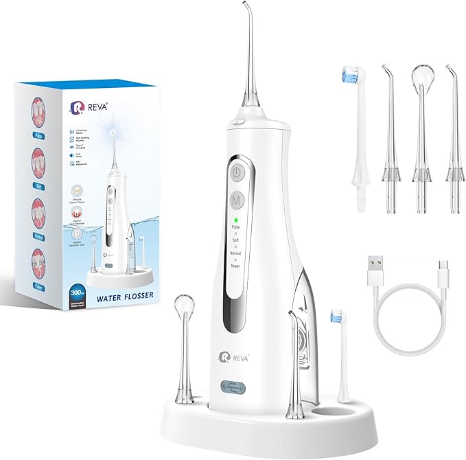 R REVA Cordless Water Flosser for Teeth, Gums & Braces – 4 Modes, 300ML Tank, 360° Nozzle, IPX7 Waterproof, USB Rechargeable 2000mAh Battery for Home & Travel (M149 Pro White)