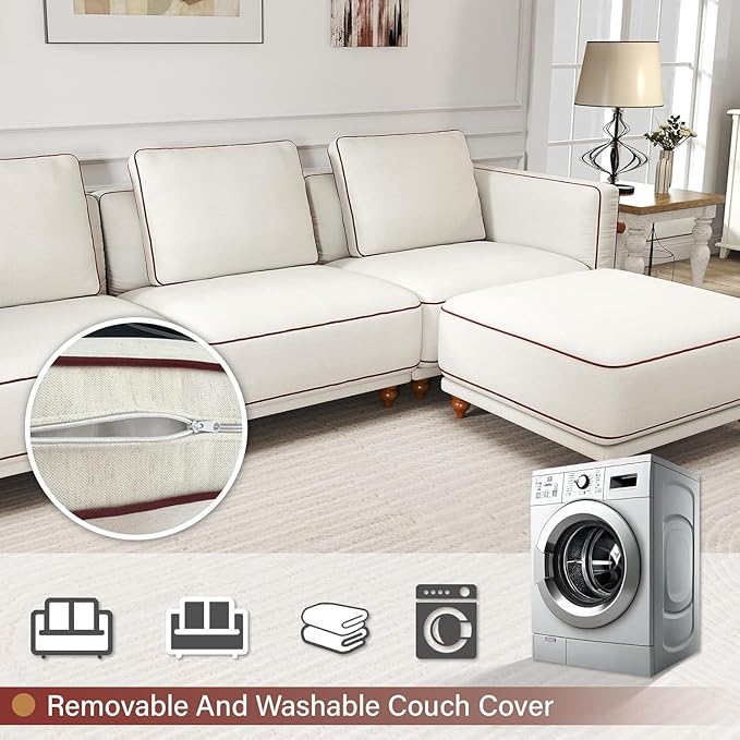 121.25" Modular Luxury Cloud Sectional Sofa with Ottoman, 70% Down-Filled Cushions, Removable Washable Ultra-Soft Linen Cover, Extra-Deep Seating, Solid Wood Armrests for Living Room