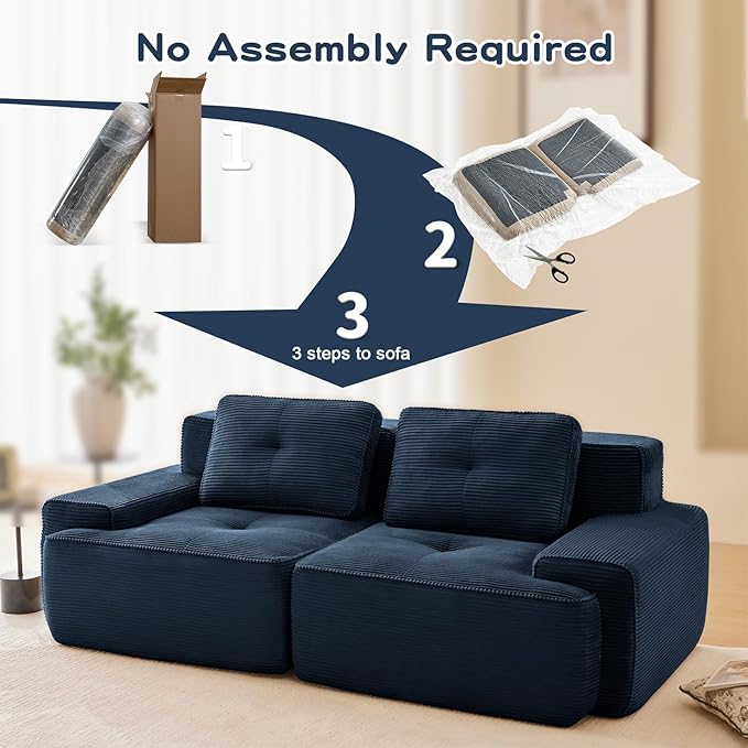 80" Modern Corduroy Boneless Love Seat Couches, 2 Seater Large Sectional Couches for Living Room, Blue Cloud Modular Sectional Sofa, Memory Foam, Extra Deep Loveseat, No Assembly