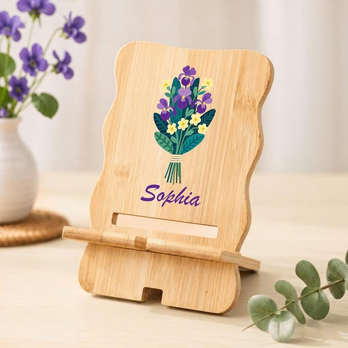 CALLIE Personalized Wooden Phone Holder for Women | Custom Name Phone Dock with Birth Flower | Rectangular and Wavy Form Options | Birthday Gift for Mom Family Friend
