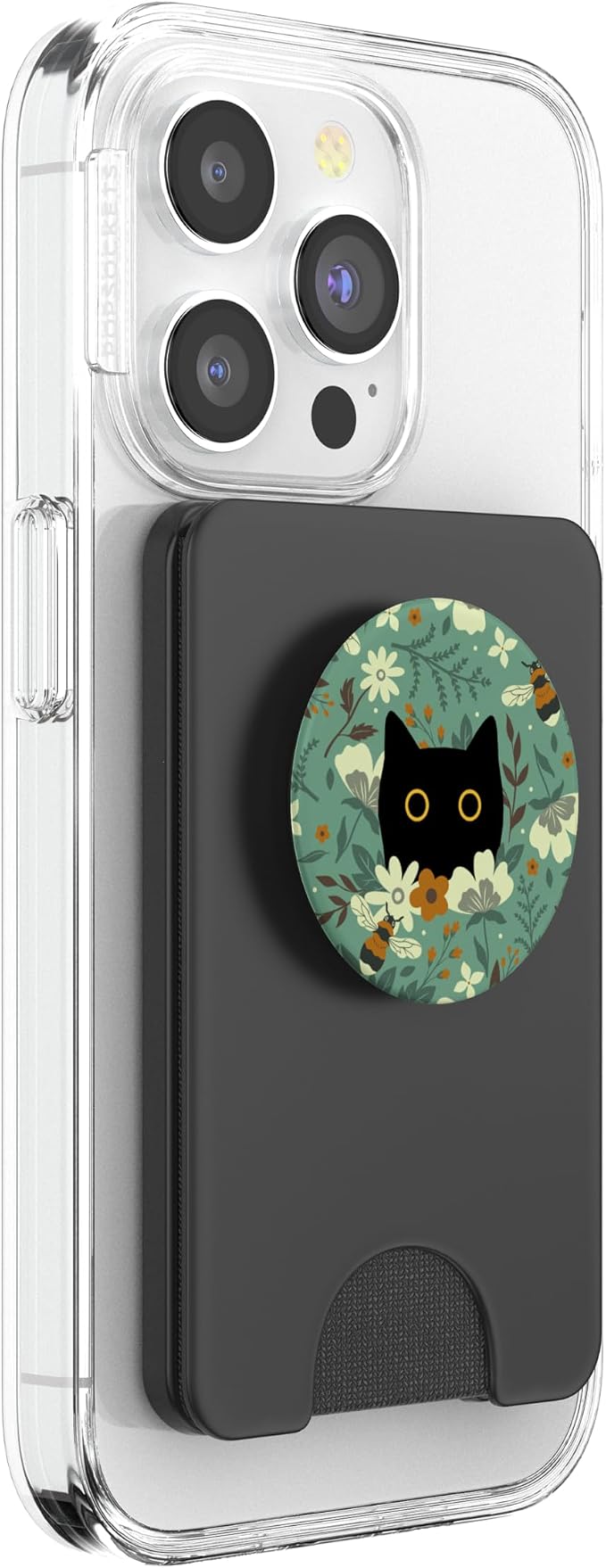 Black Cat Hiding in Garden Flowers with Bees Cute Floral PopSockets PopWallet for MagSafe