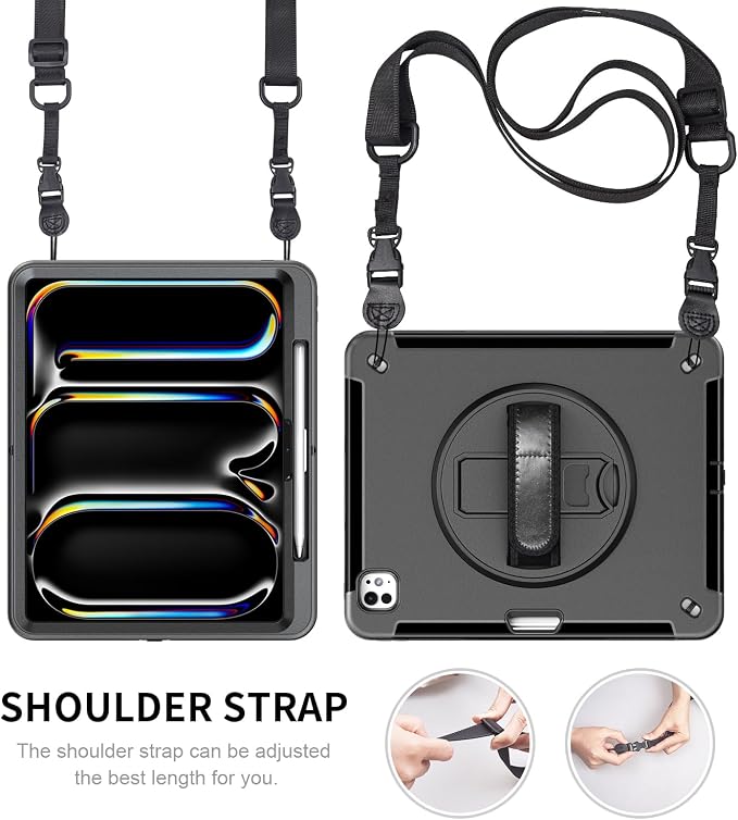 Junfire Protective Case for iPad Pro 11-inch M5/M4-Black | Hand Strap 360°Rotating Kickstand Carrying Shoulder Belt， Pencil Holder Shockproof Rugged