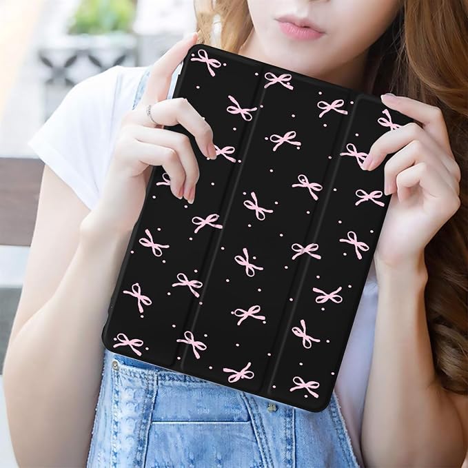 JOYLAND Pink Bow Compatible with iPad 6th/5th Generation (2018 2017 Model 9.7 Inch)iPad Air 2/Air 1 (9.7 Inch) with Pencil Holder-Trifold Stand Protective Cover with Soft TPU BackBlack