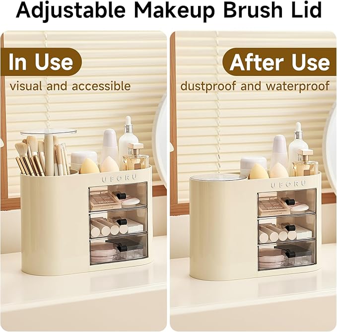 Makeup Organizer with Pop-Up Brush Holder for Dresser Vanity, Plastic Bathroom Counter Organizer with 3 Drawers & Dust-Proof Cover, Cosmetic Display Case for Lipstick, Skincare, Cream White