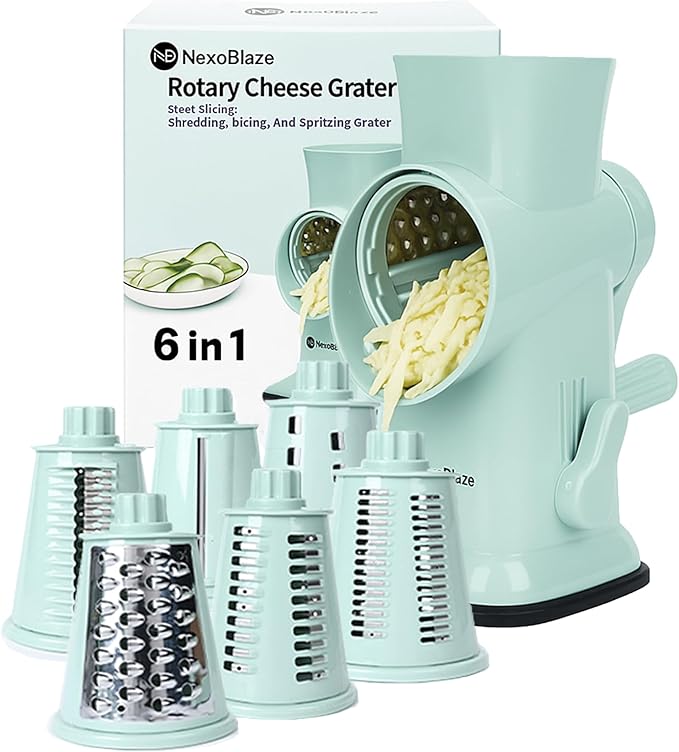 NexoBlaze Rotary Cheese Grater with Hand Crank – 6-in-1 Cheese Shredder, 6 Stainless Steel Blades, Reinforced Suction Base, Grater for Cheese, Vegetables, Nuts