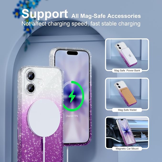 Choiche for iPhone 15 Pro Max Case Compatible with MagSafe Glitter Black | Women Girly Cute Glitter Sparkly Magnetic Phone Case with Diamond Camera Lens Protectors Military-Grade Drop Protection 6.7