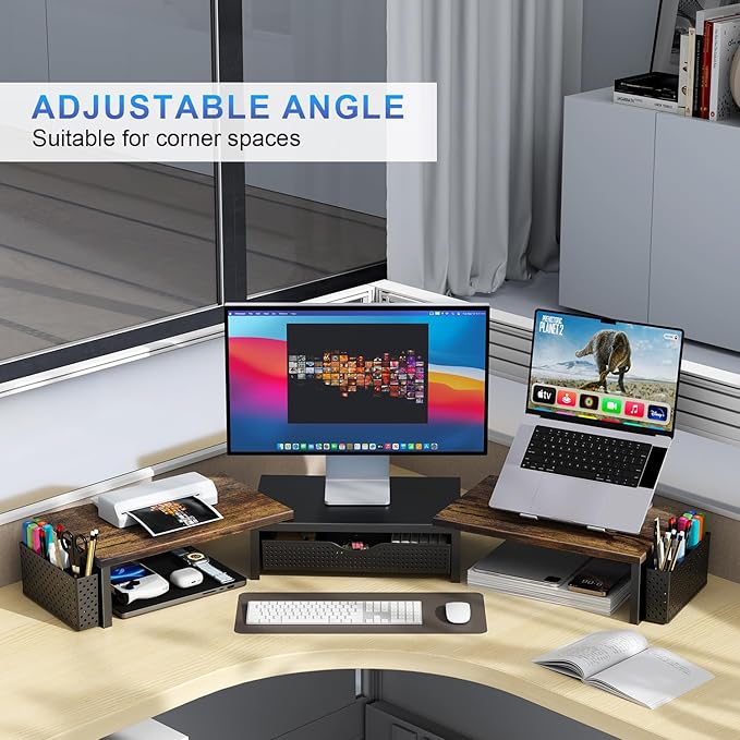 gianotter Dual Monitor Stand Riser, Desk Organizer With Drawer and 2 Pen Holders,Computer Monitor Stand, Desk Shelf for Top of Desk, Wood