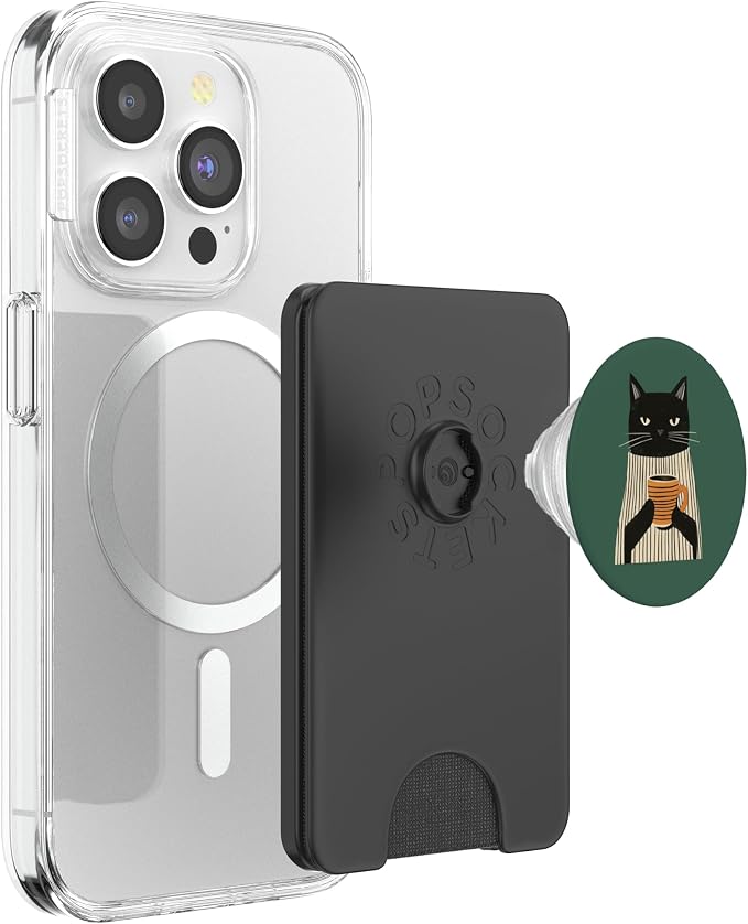 Black Cat Holding Coffee Cup Illustration PopSockets Adhesive PopGrip