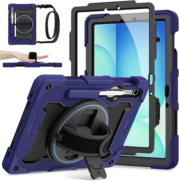 Galaxy Tab S10 Lite/S10 FE/S9 FE 5G/S9 Case 10.9/11 inch | with Screen Protector 360° Rotating Kickstand Hand/Shoulder Strap Heavy Duty Shockproof Cover S Pen Holder Kids Friendly