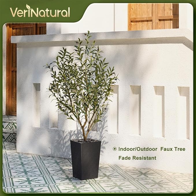 Artificial Olive Tree 5FT Indoor&Outdoor Faux Plant - UV Resistant Large Fake Tree with Black Planter & Pebbles, Realistic Tall Potted Artificial Trees for Modern Home Decor Office Living Room VN132
