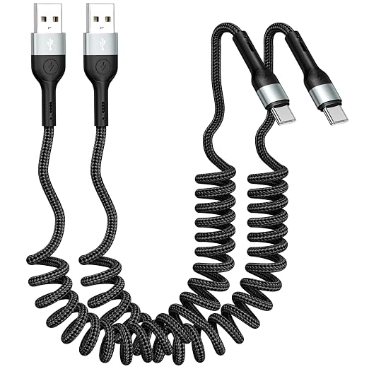 Coiled USB C Charger Cable for CarPlay [3ft 2Pack]USB A to USB C CableDurable Braided Type C Fast Charging Cable for iPhone 17/16/15/Pro/Pro MaxGalaxy S26/25/S24Android Devices（Black）