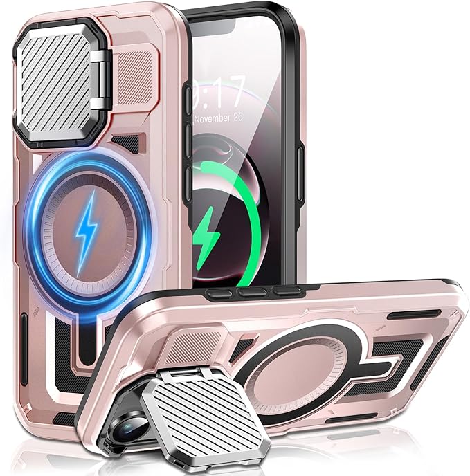 Camera Stand Case for iPhone 16E, [Compatible with Mag Safe] [Lens Cover] 2024 Version Military Grade Protective Soft Case for iPhone 16E 6.3 inch Men Women, Pink