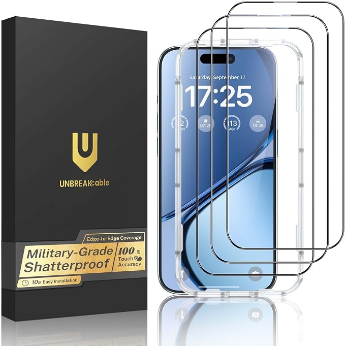 UNBREAKcable 3-Pack Screen Protector for iPhone 15 Double Shatterproof Tempered Glass [Easy Installation Frame] [99.99% HD Clear] [9H Hardness] [Full Coverage] [Case Friendly] for Apple 15 6.1 inch