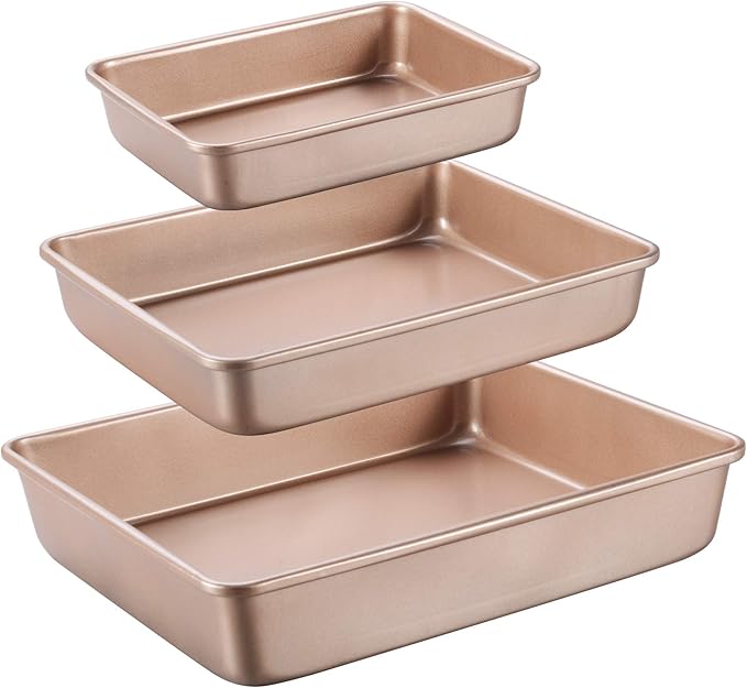 JOHO BAKING Deep Baking Pans Set Nonstick,Rectangle Cake Pan,Stackable Bakeware Set of 3,Oven Trays for Baking,Gold(9''/11''/13'')