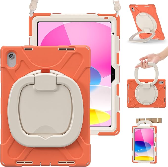 BRAECN Kids Case for iPad (A16) 11th/10th Generation 11”/10.9'' 2025/2022, Rugged Silicone Cover with Screen Protector/Swivel Ring Stand/Kickstand/Handle Grip/Carrying Shoulder Strap, Coral Orange