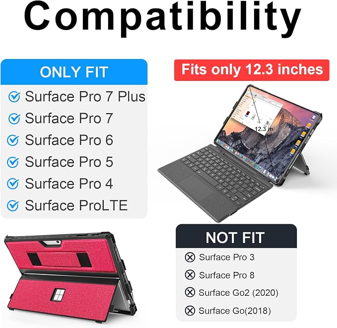 Case for 12.3 Microsoft Surface Pro 7+/7/6/5/4 Protective Rugged Cover Case with Surface Pen Holder and Hand Strap Compatible with Surface Pro Type Cover Keyboard (Black)