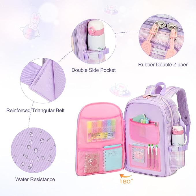 Girls Backpack Set, 3PCS Kids Backpack for Girls, Kawaii Bunny School Backpacks for Girl Kindergarten Elementary Preschool Middle School Bags with Lunch Box Pencil Case Purple-Plaid
