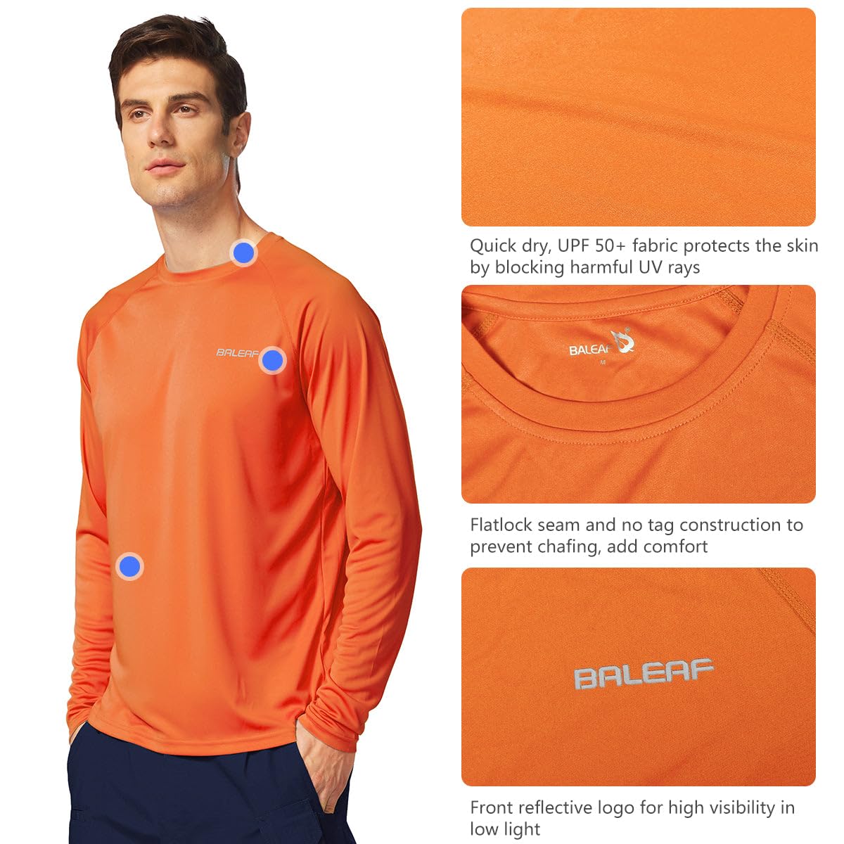 baleaf Mens UPF 50+ Sun Protection Shirts Long Sleeve Rash Guard, Quick Dry 4-Way Stretch for Fishing Swimming Surfing 01-Orange 3XL