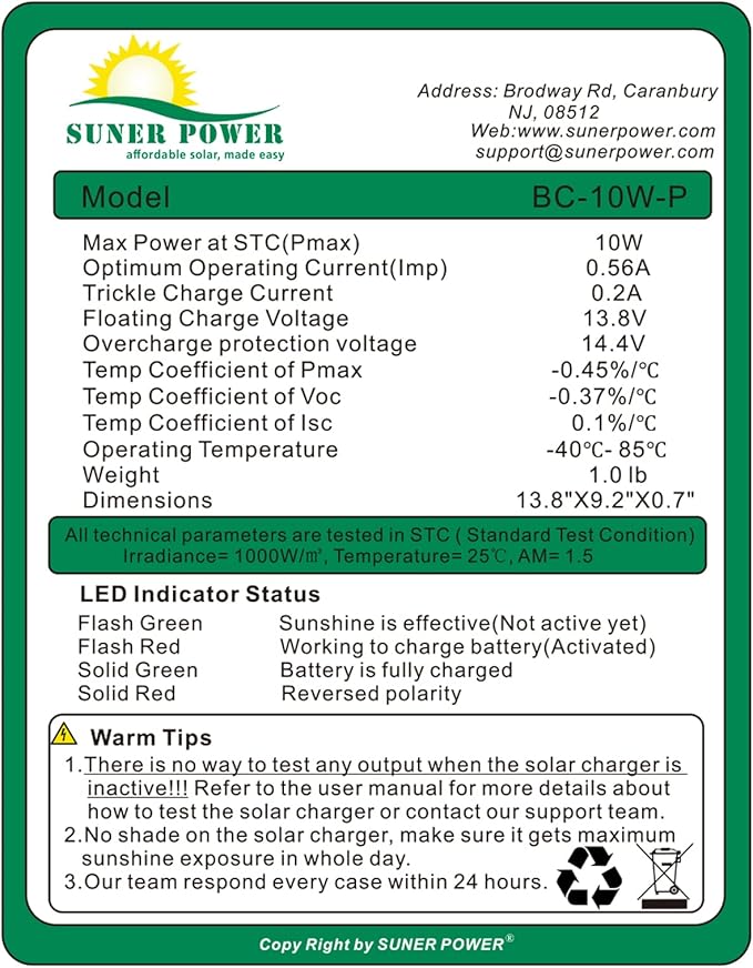 SUNER POWER 10W 12V Solar Battery Charger Maintainer, Built-in Smart MPPT Charge Controller, Adjustable Mount Bracket, Waterproof 10 Watt Solar Panel Kits for Car Automotive Boat Marine RV Trailer
