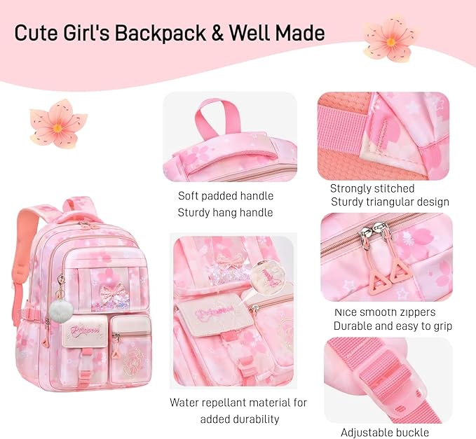 Kids Backpack School Bags for Girls, Cute Princess Backpack Multi-pocket Elementary School Students Bookbag for Girls, Purple