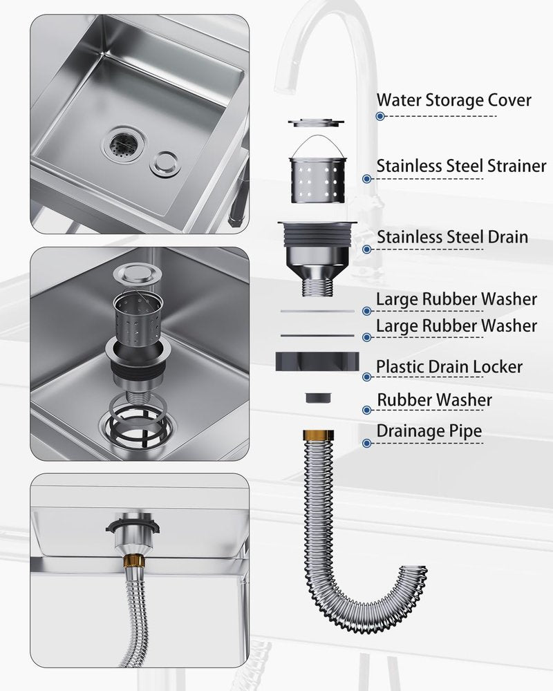 JFHID Stainless Steel Utility Sink with Shelves, Free Standing Single Bowl Commercial Kitchen Sinks with Drawer & Water Pipes, Stainless Steel Prep Table Countertop Workbench for Home Restaurant