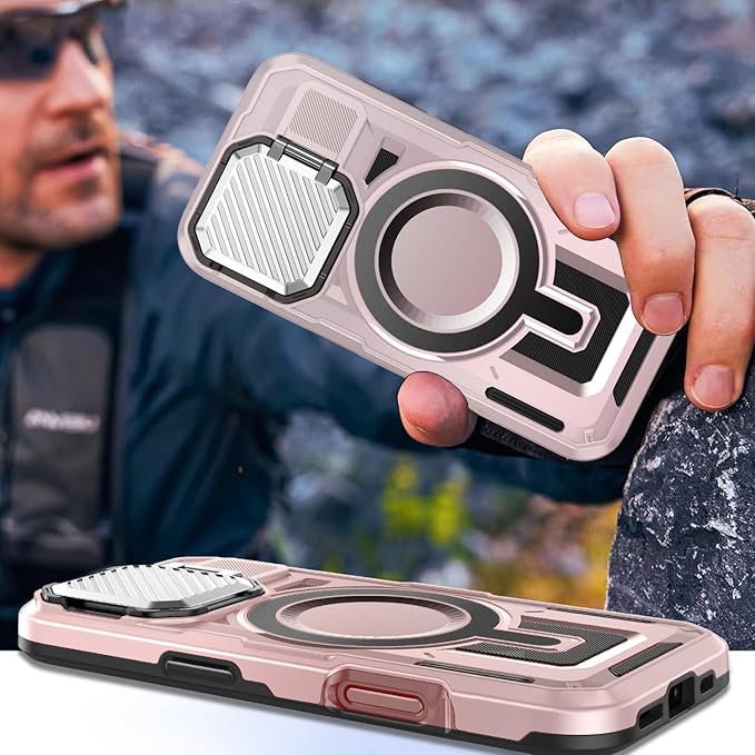Camera Stand Case for iPhone 16 Pro Max, [Compatible with Mag Safe] [Lens Cover] 2024 Version Military Grade Protective Soft Case for iPhone 16 Pro Max 6.9 inch Men Women, Pink