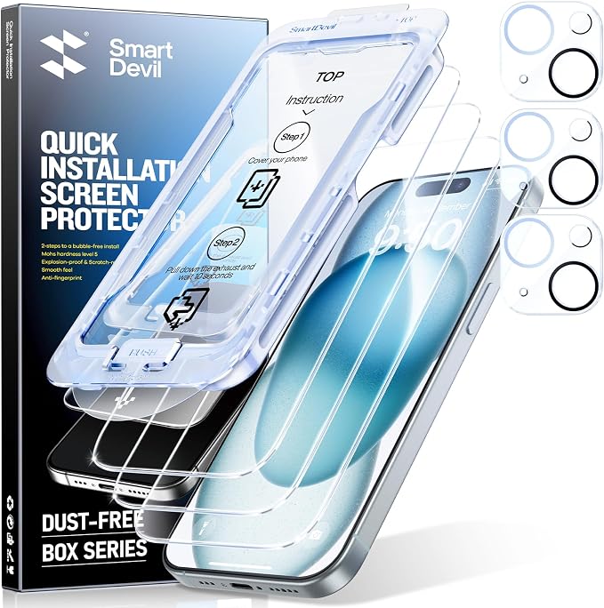 SMARTDEVIL (3+3 Pack HD Clear Screen Protector for iPhone 14 Pro Max with 3 Camera Lens Protectors 9H Tempered Glass Shatter-Resistant SmartPull Dust &amp Bubble-Free Install Frame Case-Friendly
