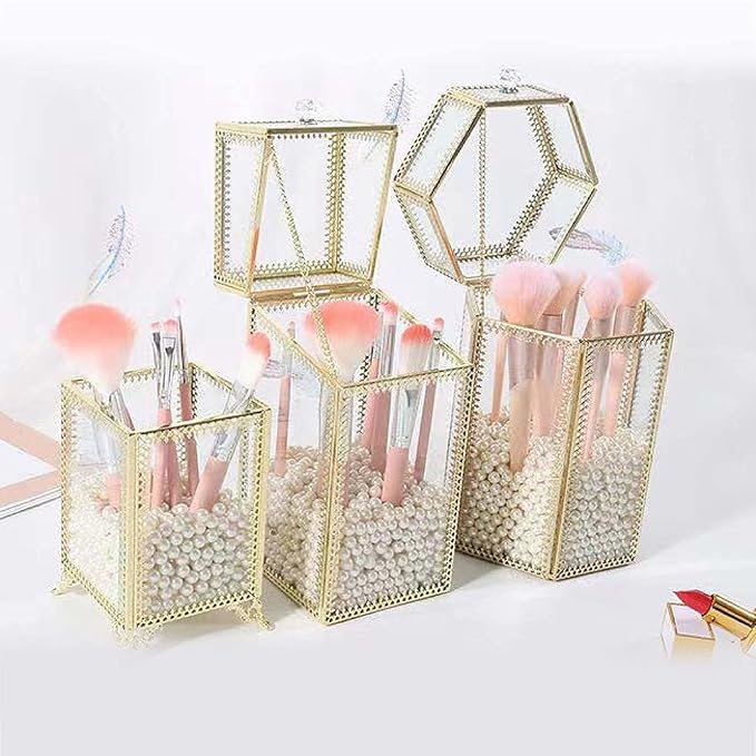 Glass Makeup Brush Holder with Lid Organizer Vintage Cosmetic Hexagonal Display Cases Brush Storage with Free White Pearls - Gold