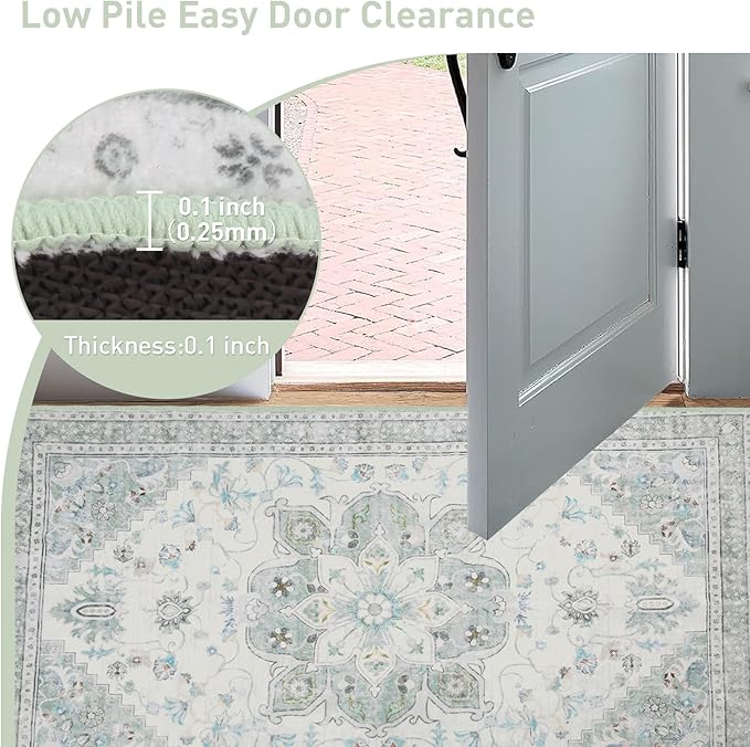 6x9 Soft Washable Area Rugs for Living Room and Bedroom, Non-Slip Stain Resistant Indoor Carpet, Cozy Floor Mat for Dining Room, Office, Under TableStain Resistant Green Floral