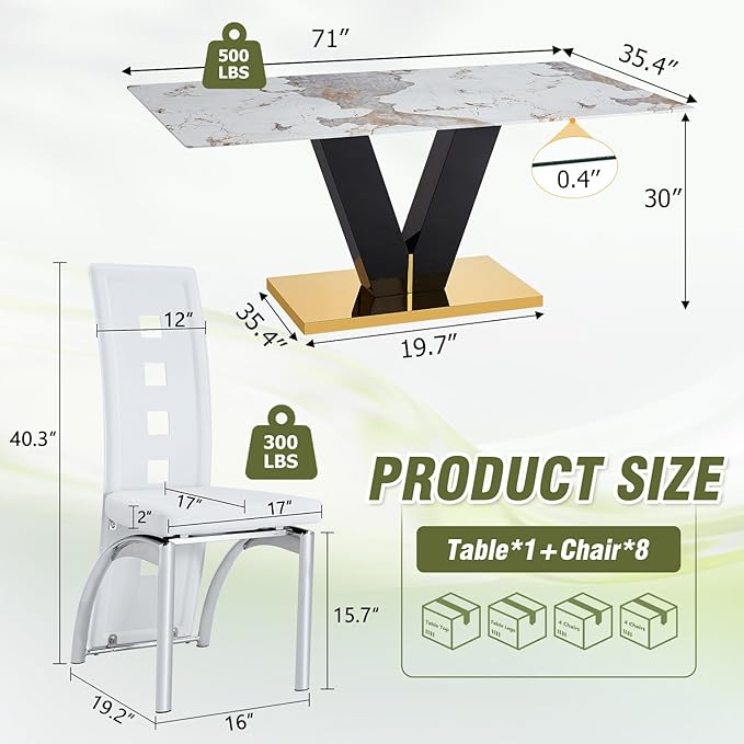 71'' Dining Table Set for 8,Rectangular Dining Room Table Set for 8,Marble Dining Table with 8 PU Leather Dining Chairs,Gold Dining Room Table with Glossy V-Shaped Base Ideal for Kitchen