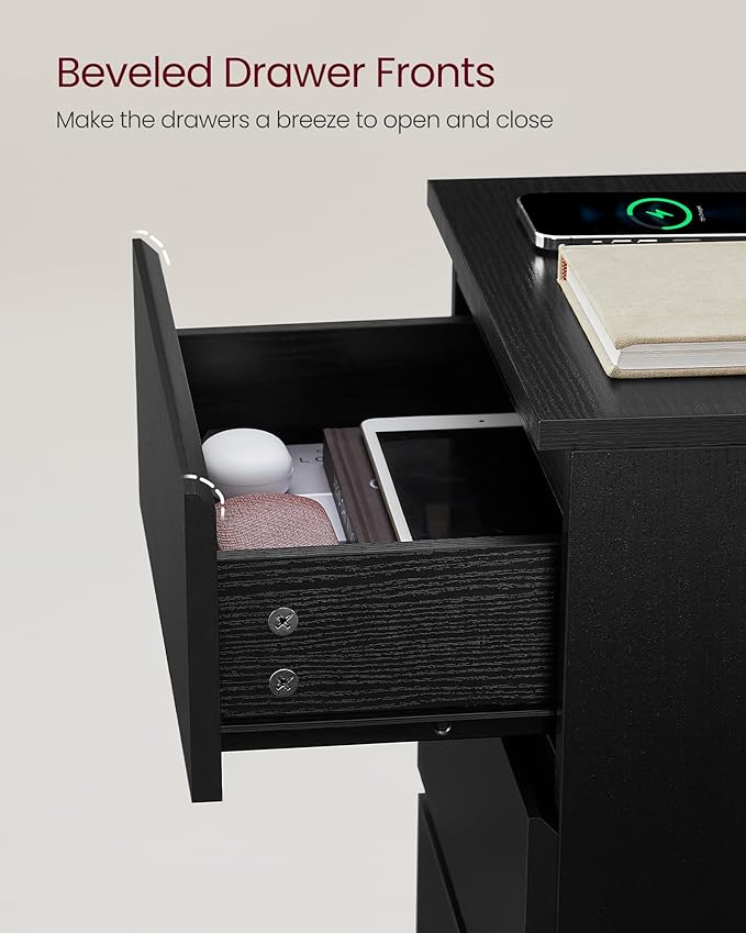 VASAGLE Nightstands with Charging Station, Set of 2, AC Outlets and USB Ports, Bedside Tables, Side Tables with 3 Drawers, Modern Style, 13.8 x 15.7 x 23.2 Inches, Ebony Black ULET731B58