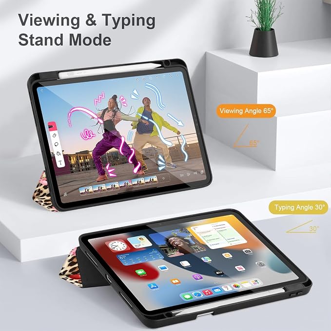 May Chen Case for iPad 12.9 Inch (6th/5th/4th/3rd Generation 2022/2021/2020/2018) Pencel Holder + Trifold Support Auto Sleep/Wake Transparent Shockproof Back Cover Blue Bows
