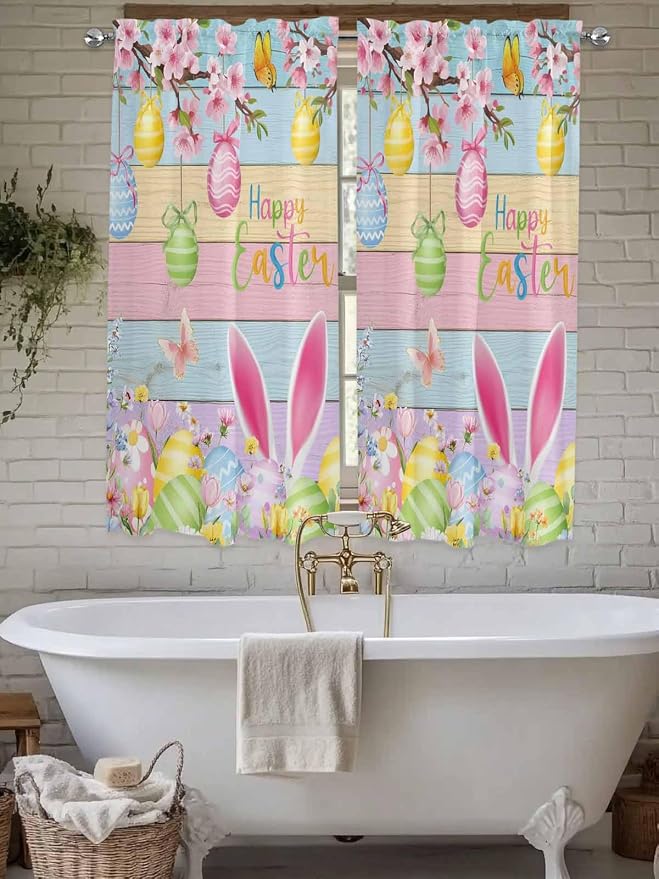 Colorful Easter Bedroom Curtains 63 Inches length, Spring Watercolor Bunny Egg