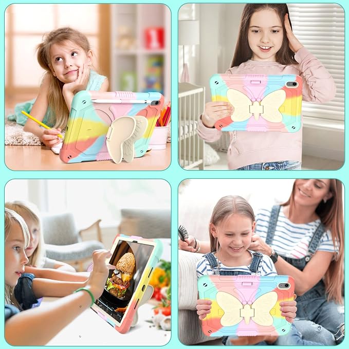 Ambison Kids Case for iPad A16 11th/10th Generation 11''/10.9'' Multicolor | 9H Tempered Glass Screen Protector Butterfly Stand Shoulder Strap Heavy DutyShockproof Pencil Holder
