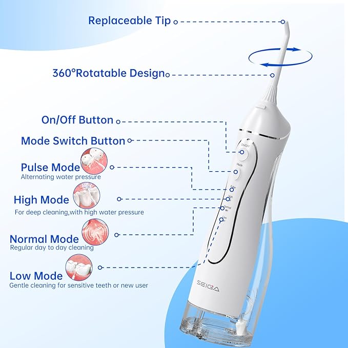 Portable Water Flosser for Teeth, Cordless Dental Flosser with 300ML Large Tank, Rechargeable Oral Irrigator with 5 Replaceable Jet Tips, 4 Modes, IPX7 Waterproof, Deep Cleaning Picks for Home Travel