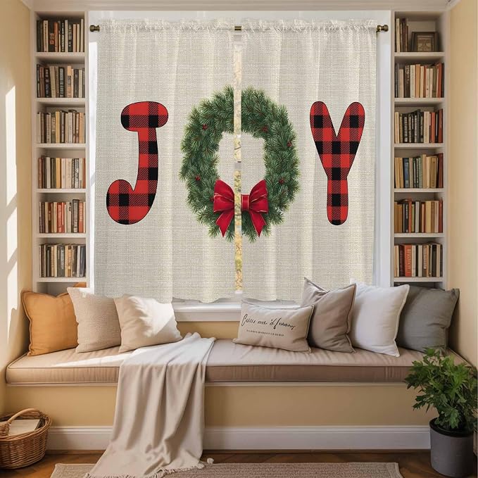 Red Green Christmas Window Curtains 63 Inch Long 2 Panel Set, Rod Pocket