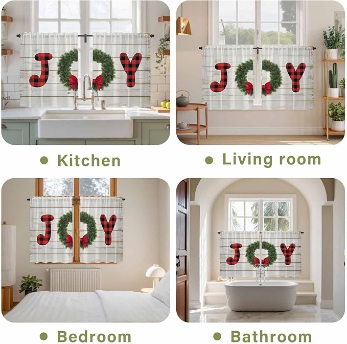 Christmas Wreaths Kitchen Tier Curtains 45 Inch Long 2 Panel Set, Rod Pocket
