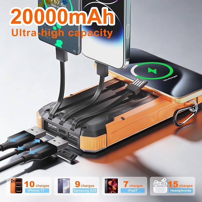 Solar Charger Power Bank 20000mAh Wireless Fast Charging Battery Pack with 3 Built-in Cables &amp USB-C Input Dual LED Flashlights Portable Phone Charger for Camping Travel &amp Emergency Use (B