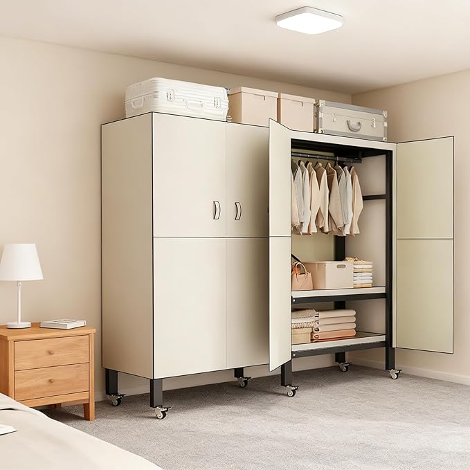 Foldable Portable Armoire Wardrobe Closet for Hanging Clothes Rack, Heavy Duty Covered Clothes Rack with Cover(HARDBOARD Magnetic), Closet Garment Rack for Bedroom Storage (KT Off-white, 70.86in)