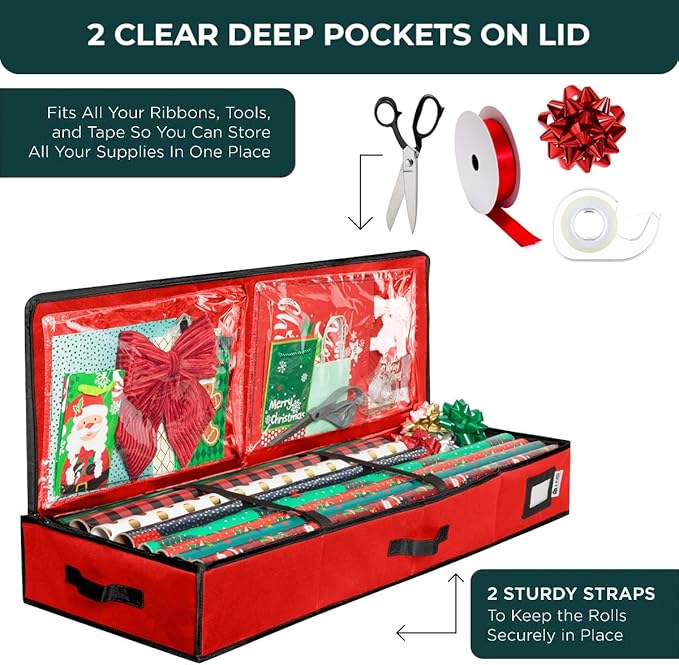 HOLDN’ STORAGE Premium Wrapping Paper Storage Container - Durable 600D Tear-Proof, Fits 27 Rolls Gift Wrap, Extra Pockets for Ribbons & Bows, Underbed Storage - Ideal for Holiday Christmas, Red