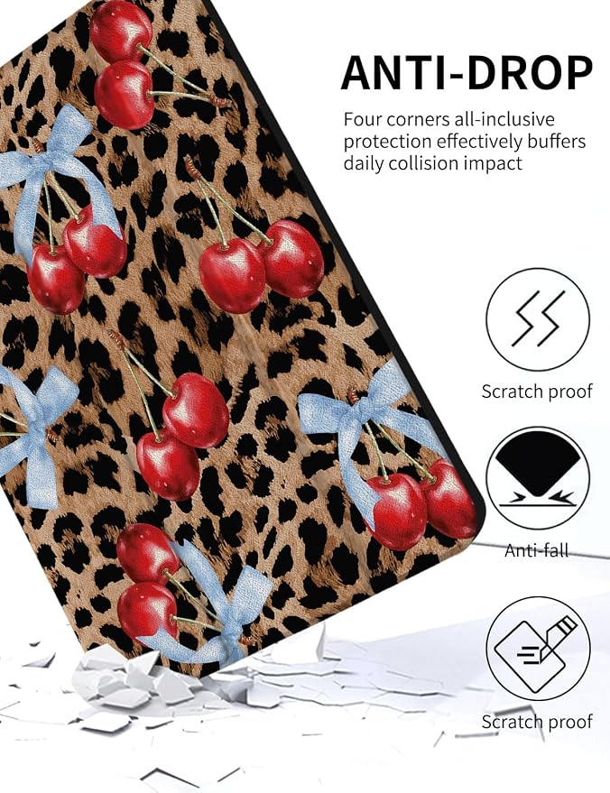 Case for iPad 9th/ 8th/ 7th Generation Case 10.2&amp10.5 Inch (2021/2020/2019 Release) Slim Lightweight Soft Trifold Back Cover with Pencil Holder &amp Auto Sleep/Wake Cover Cherries Cheetah Bows