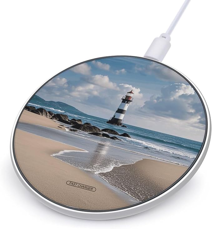 Sea Lighthouse Sandbeach Wireless Charger with USB CableAluminum Alloy Frame 10W Max Compatible Fast Wireless Charging Pad- 3.2ft Cable Included for Travel Home Office Desk