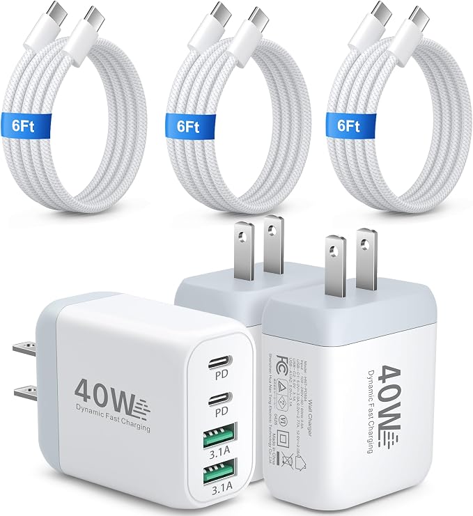 USB C Charging Blocks Costyle Multi USBC Wall Fast Charger Plug Adapter PD/PPS 25W Super Fast Type C Charging Block for Samsung S26 Ultra S25 S24 A16 A17 iPhone 17 16e 15 Pro Max+3 Pack USB-C Cable