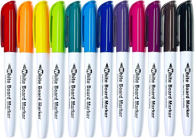 SFAIH Dry Erase Markers Fine tip 12 Colors, 12 Pack (1 Dozen) Low Odor Whiteboard Markers for Classroom, Homeschool, Non-Toxic Gift for Kids, Travel Drawing, Learning to Write, Reusable Art Supplies