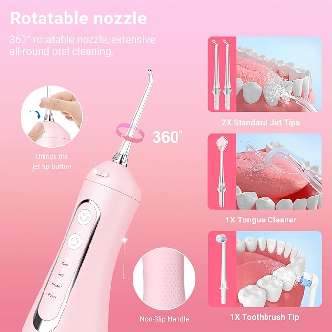 JNGOODS Cordless Water Dental Flosser Oral irrigator,JNGOODS 300ml Rechargeable Water flosser for Teeth IPX7 Waterproof 4 Modes Portable Oral Irrigator with 4 Jet Tips, Travel Home use (Pink)