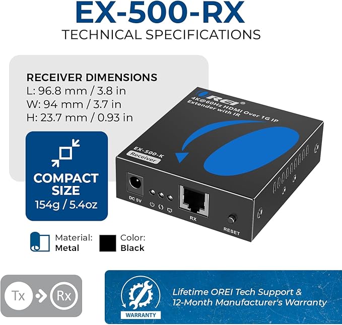 OREI Receiver only for EX-500-K 4K HDMI Extender Over IP CAT6 by One to Many Upto 400 Feet, Send to Multiple Location Over 1G Switch (EX-500-RX)