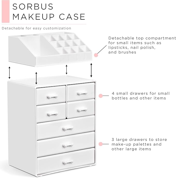 Sorbus Makeup Organizer, Brush Holder and Make Up Storage Drawers - Acrylic Makeup organizer for vanity, Bathroom - Cosmetic Display Cases with 3 large, 4 Small Drawers & 1 Tray for Makeup Brush