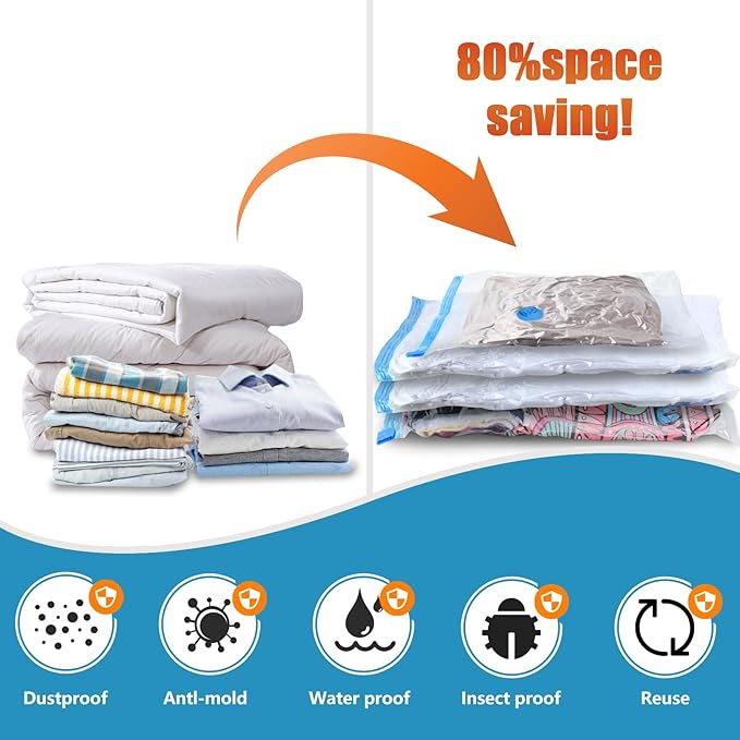 kissleaf 20 Pack Vacuum Seal Bags for Clothing with Electric Air Pump, Space Saver Vacuum Storage Bag for Clothes, Mattress, Blanket, Duvets, Pillows(4 Jumbo/4 Large/4 Medium/4 Small/4 Roll Up Bags)